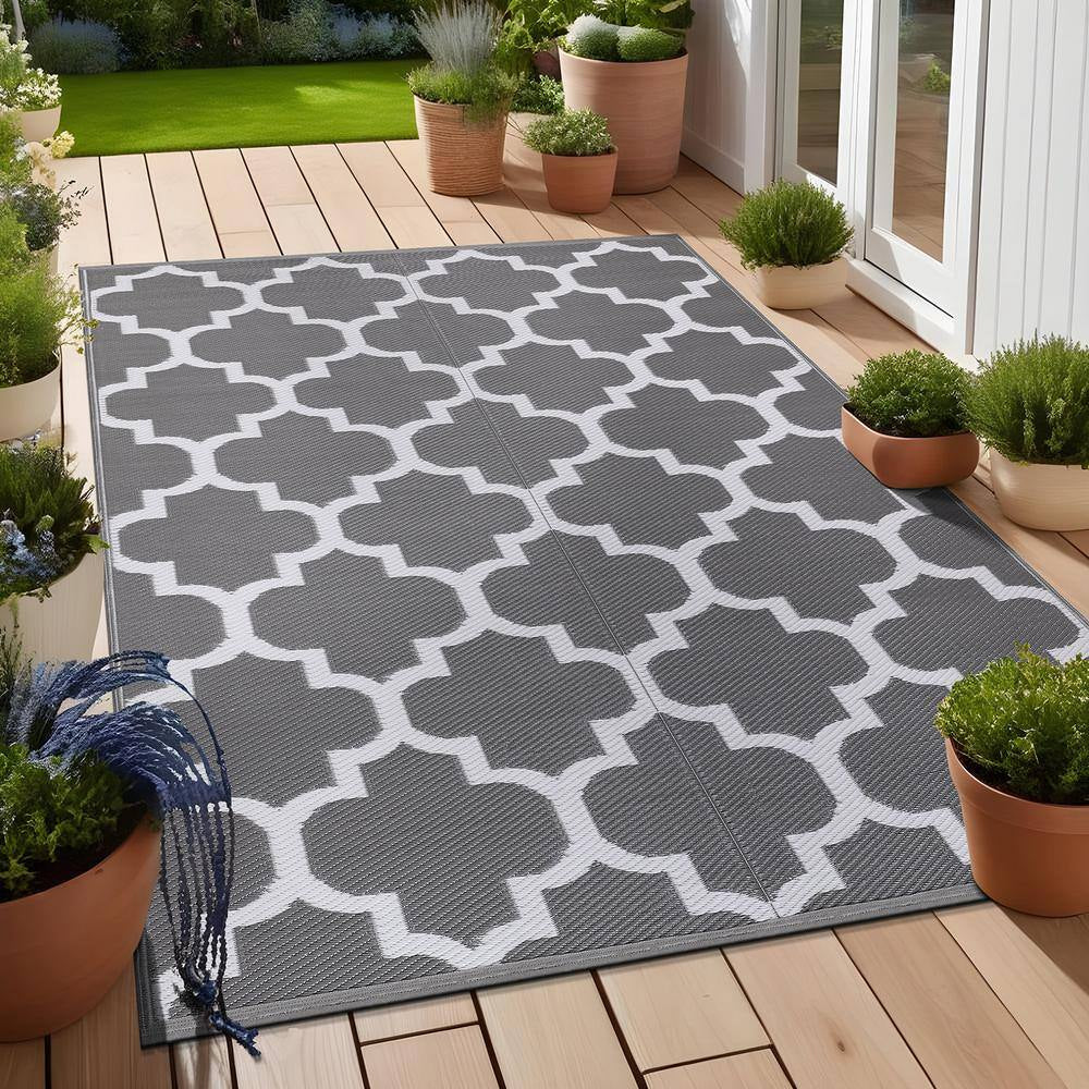 6 X 9 Grey White Lightweight Moroccan Trellis Reversible Plastic Indoor Outdoor Area Rug