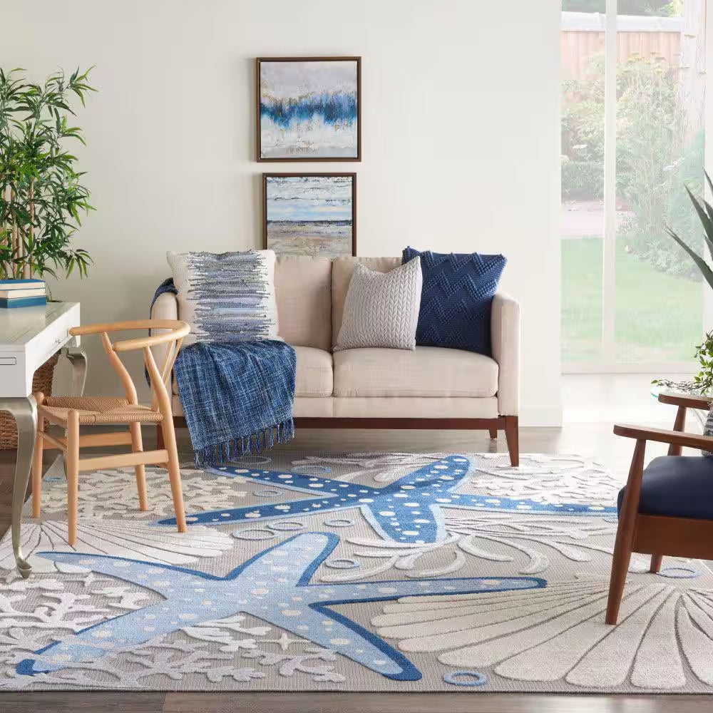Aloha Blue/Gray 8 Ft. X 11 Ft. Floral Modern Indoor/Outdoor Patio Area Rug