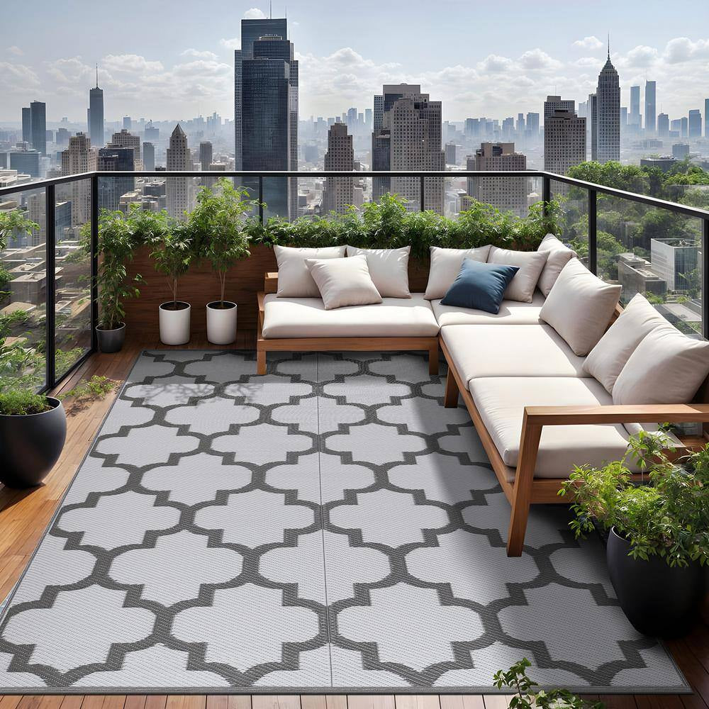 6 X 9 Grey White Lightweight Moroccan Trellis Reversible Plastic Indoor Outdoor Area Rug