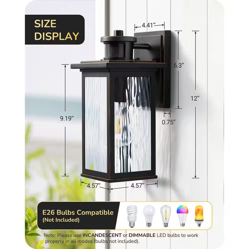 12 In. Black Dimmble Motion Sensing Dusk to Dawn Outdoor Hardwired Outdoor Wall Light Lantern Scone (2-Pack)