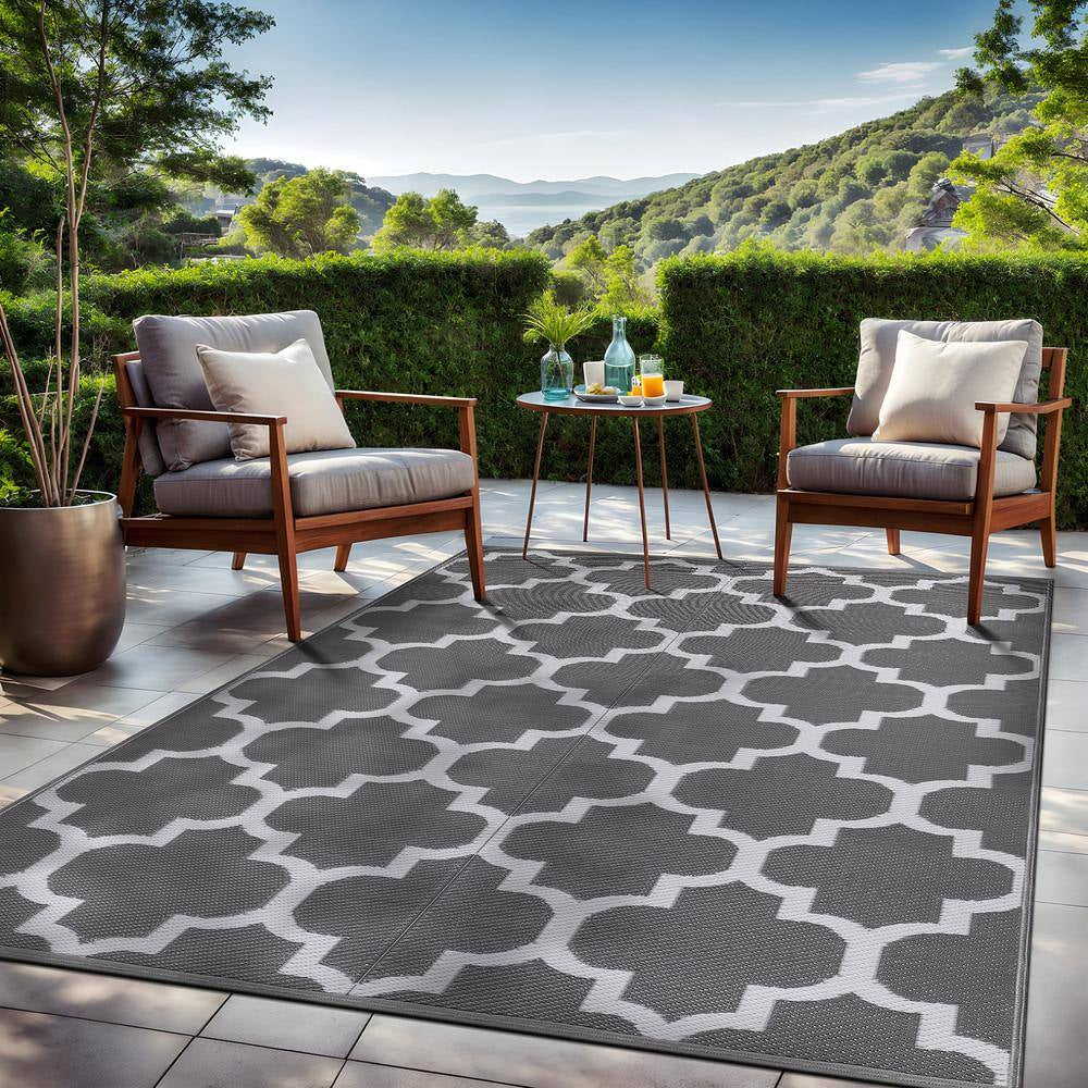 6 X 9 Grey White Lightweight Moroccan Trellis Reversible Plastic Indoor Outdoor Area Rug