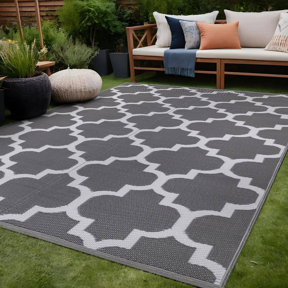 6 X 9 Grey White Lightweight Moroccan Trellis Reversible Plastic Indoor Outdoor Area Rug