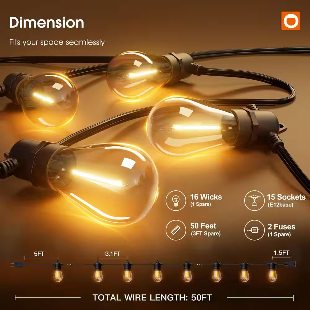 50FT Outdoor String Lights LED Edison Shatterproof Bulbs Weatherproof Commercial Grade Decorative for Patio Garden