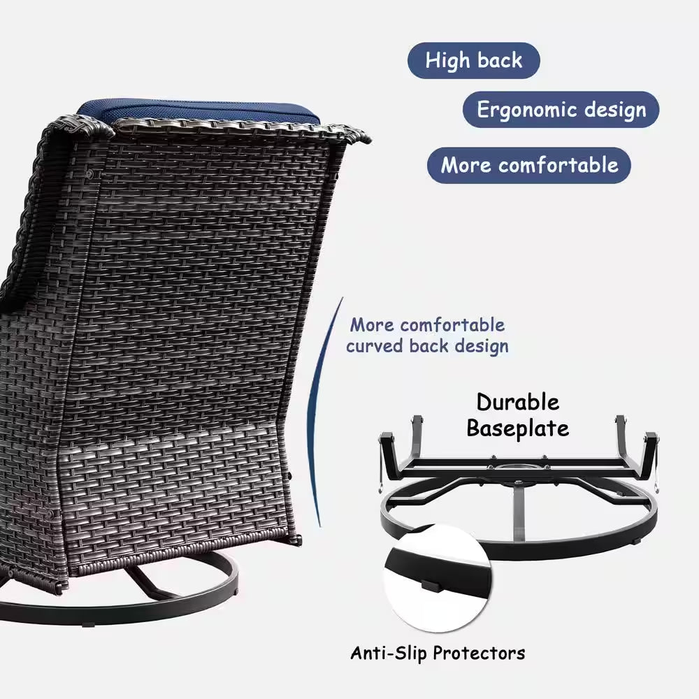 3-Piece Wicker Patio Swivel Outdoor Rocking Chair Set with Blue Cushions and Table