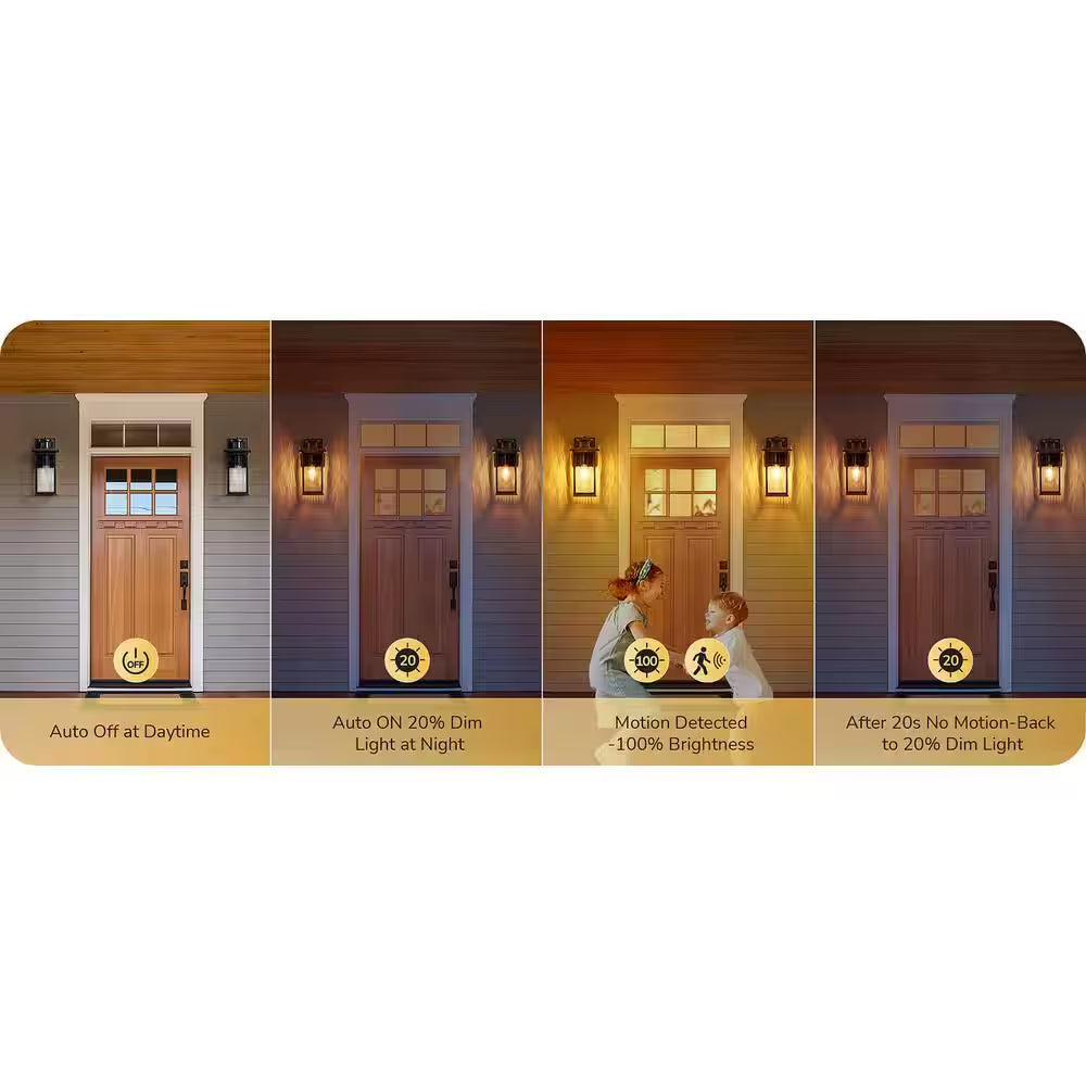 12 In. Black Dimmble Motion Sensing Dusk to Dawn Outdoor Hardwired Outdoor Wall Light Lantern Scone (2-Pack)