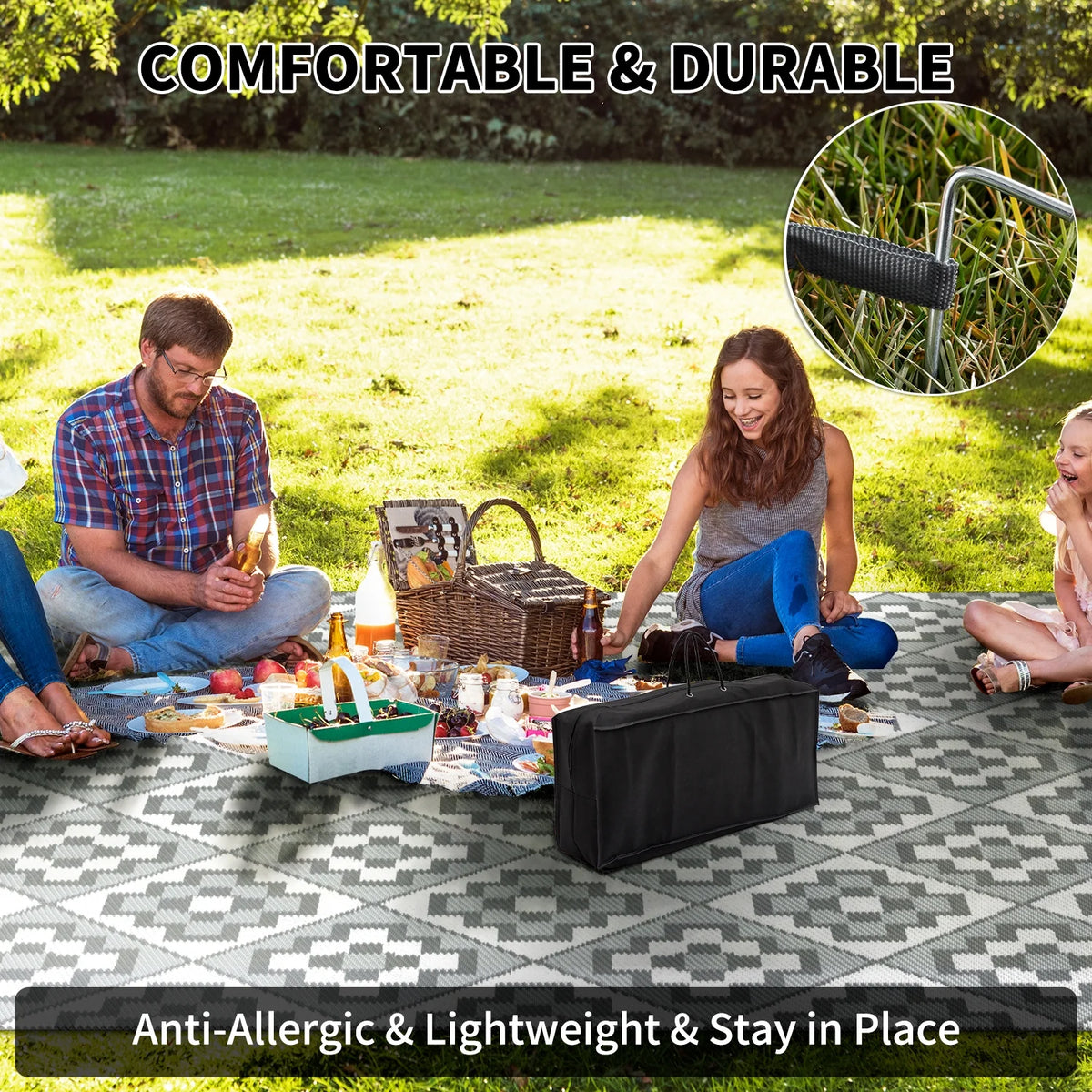 Outdoor Rug 9'X12' Waterproof Reversible Patio Rug Modern Lightweight Plastic Straw Indoor Outdoor Rug for RV Camping Deck Balcony Porch Boho Patio Decor Outdoor Carpet Light Gray