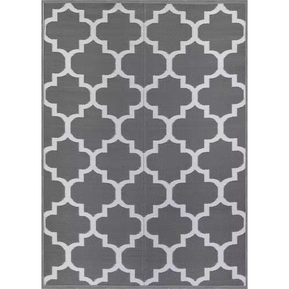 6 X 9 Grey White Lightweight Moroccan Trellis Reversible Plastic Indoor Outdoor Area Rug