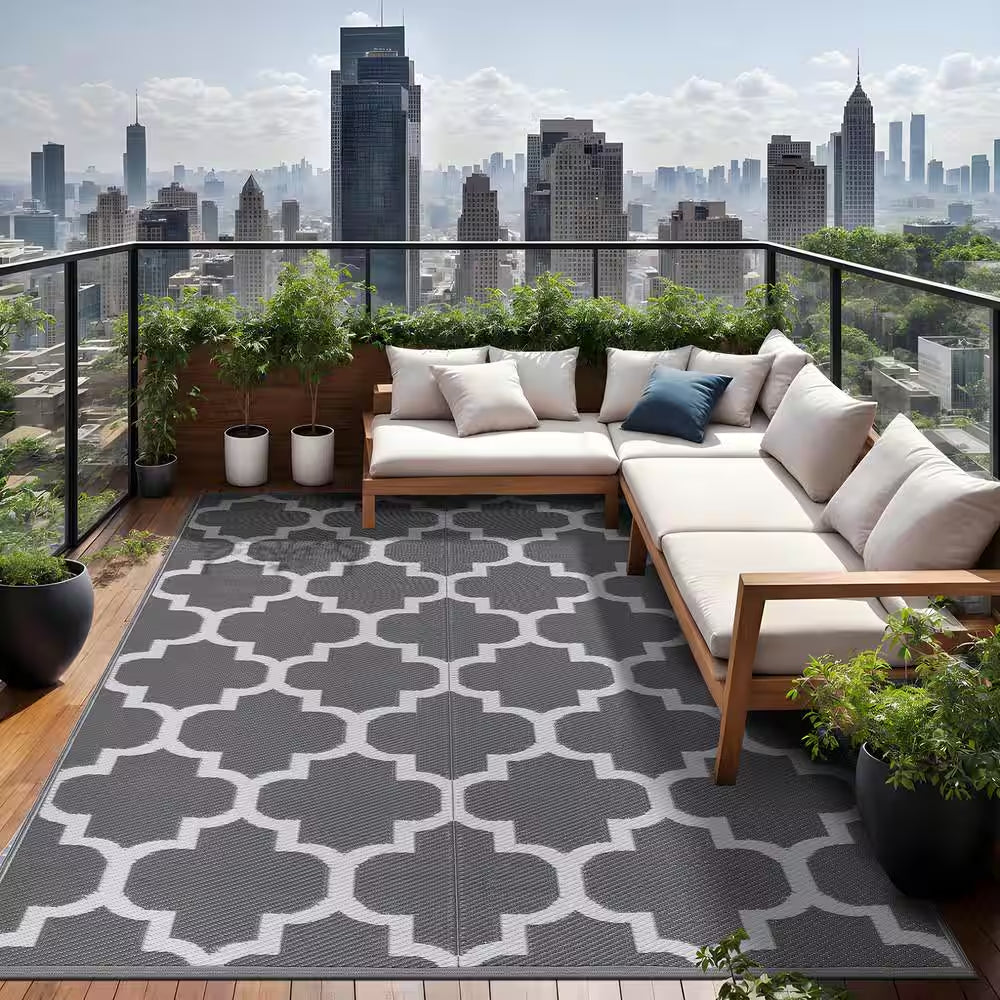 6 X 9 Grey White Lightweight Moroccan Trellis Reversible Plastic Indoor Outdoor Area Rug