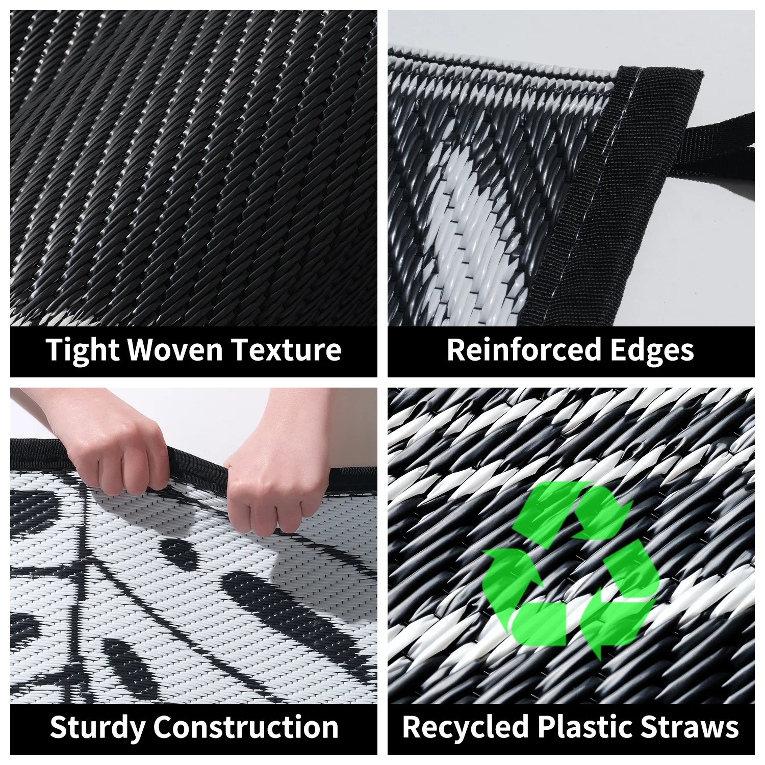 5'X8' Feet Waterproof Outdoor Rug, Reversible Black Plastic Patio Mat with Straw Texture Tropical Palm Leaf, Non-Slip Carpet for Camping, RV, Balcony, Porch, Picnic