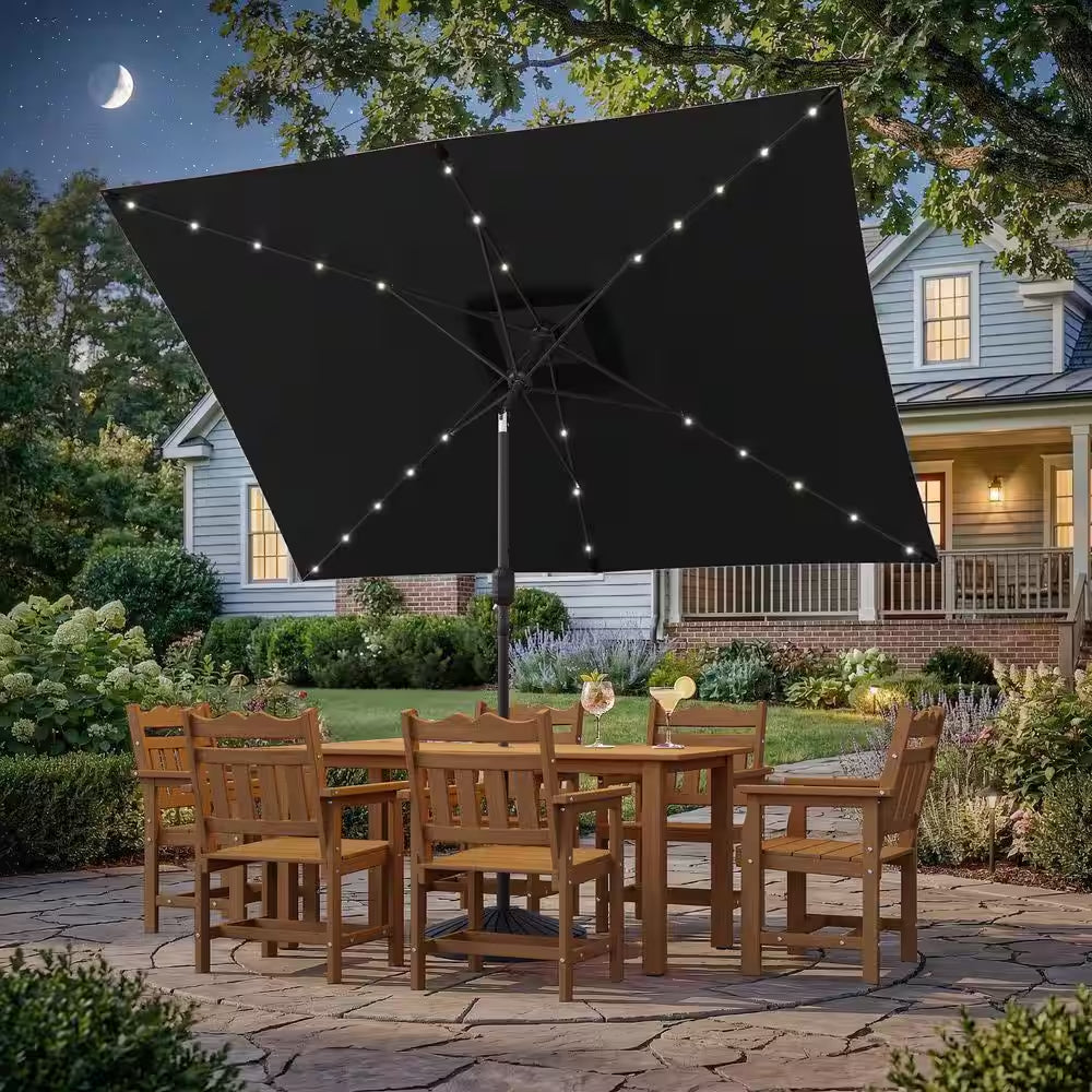 10 Ft. X 6.5 Ft. Rectangle Solar LED Outdoor Patio Market Table Umbrella with Push Button Tilt and Crank in Black