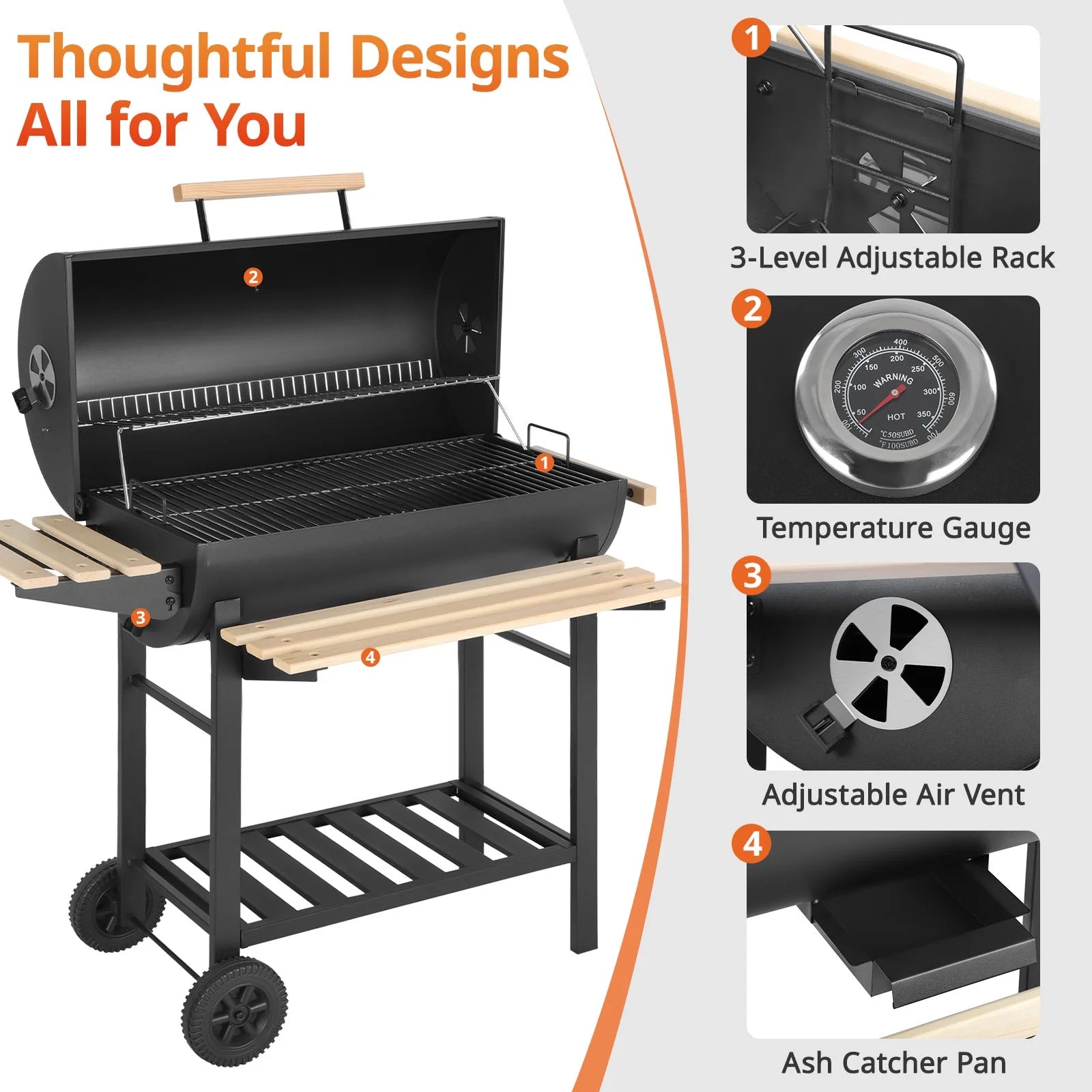 Charcoal Grill with Thermometer & Large Cooking Space, Smoker Grill, BBQ Grills for Camping & Picnic, Iron, Black