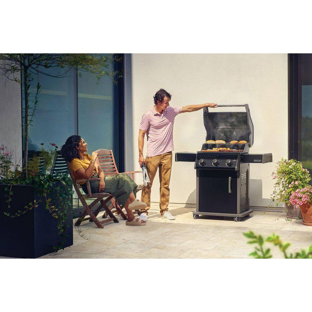 Rogue 425 3-Burner Propane Gas Grill in Black with Cast Iron Cooking Grids