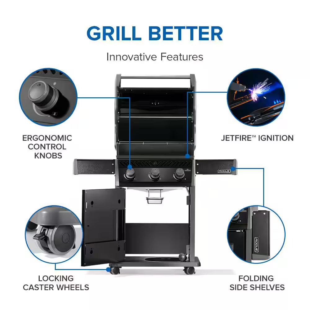 Rogue 425 3-Burner Propane Gas Grill in Black with Cast Iron Cooking Grids