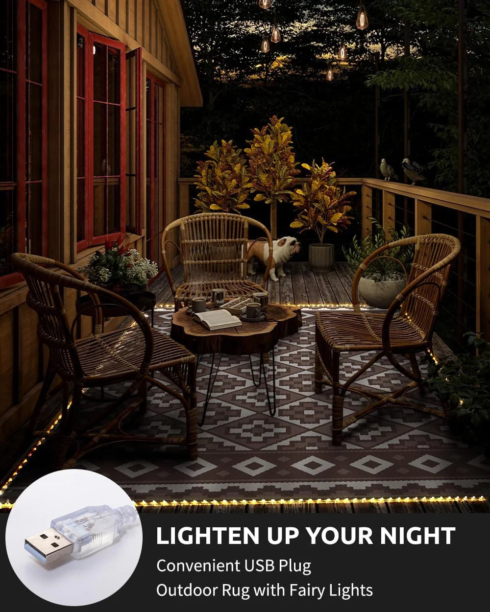 Outdoor Rug with LED Strip Light 8'X10' Waterproof Reversible Patio Rug Modern Lightweight Plastic Straw Indoor Outdoor Rug for RV Camping Deck Balcony Porch Boho Patio Decor Brown and Beige
