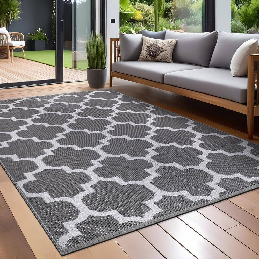 6 X 9 Grey White Lightweight Moroccan Trellis Reversible Plastic Indoor Outdoor Area Rug