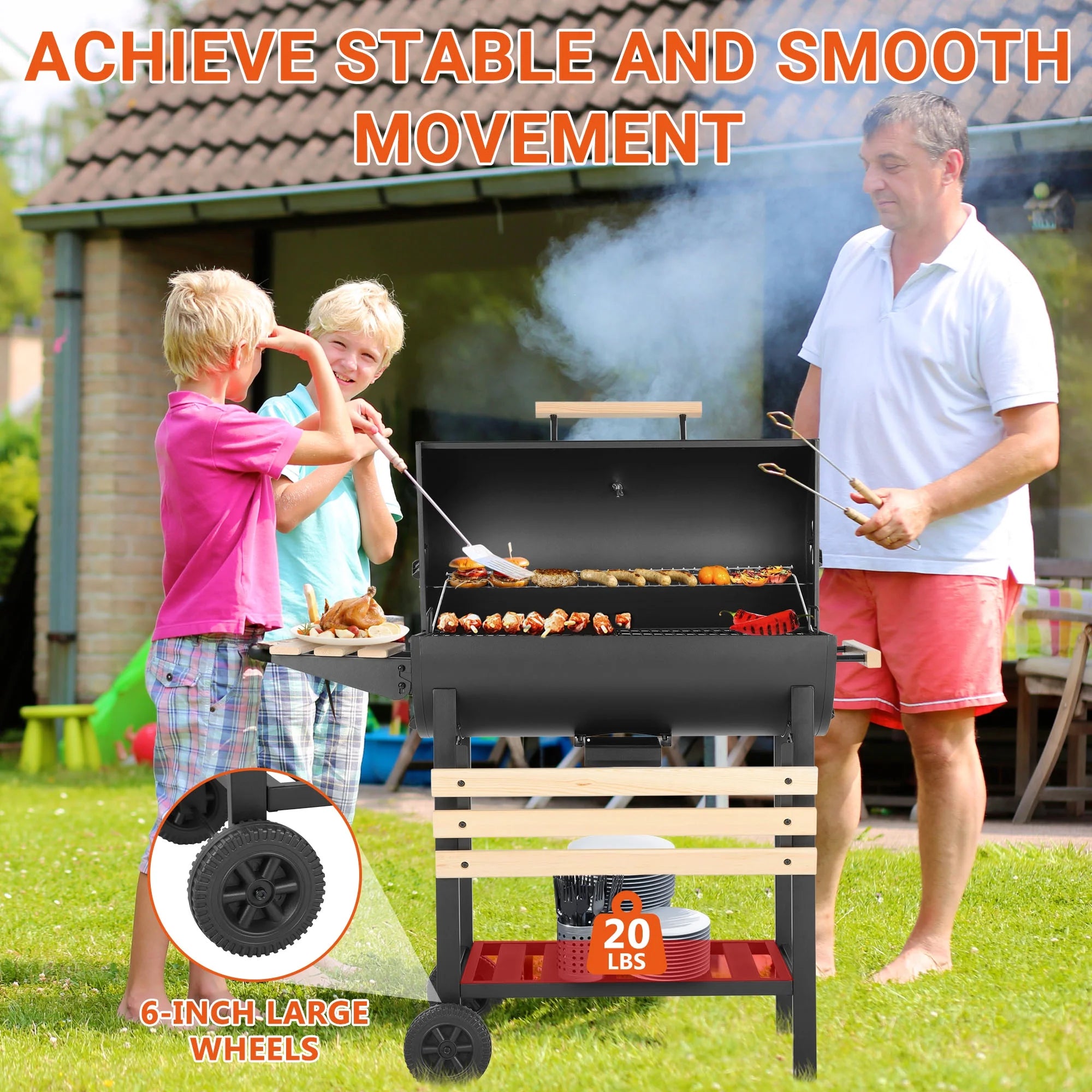 Charcoal Grill with Thermometer & Large Cooking Space, Smoker Grill, BBQ Grills for Camping & Picnic, Iron, Black