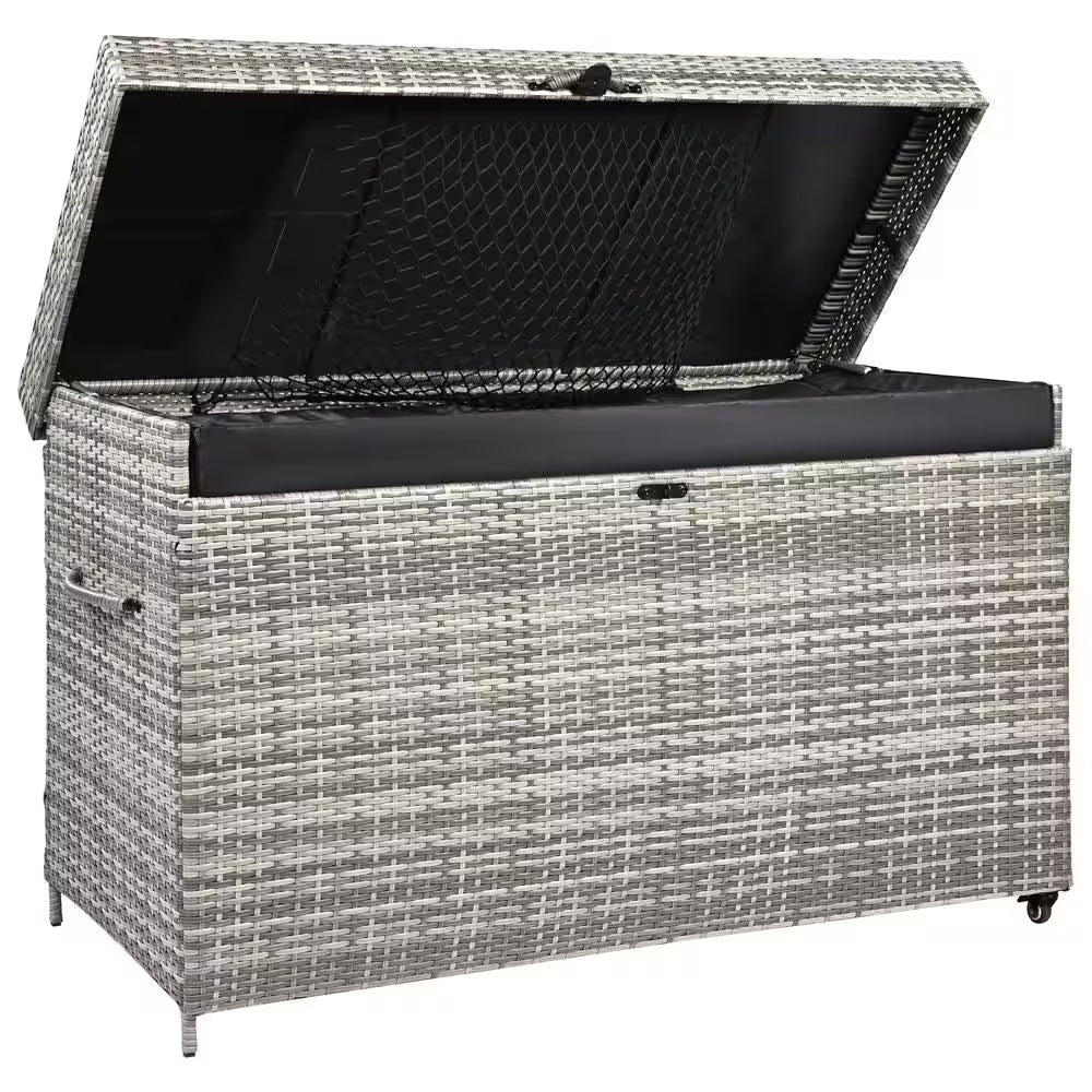200 Gal. Gray Rattan Deck Box with Wheels All-Weather Outdoor Storage Box Wicker Storage Bin and Galvanized Steel Frame