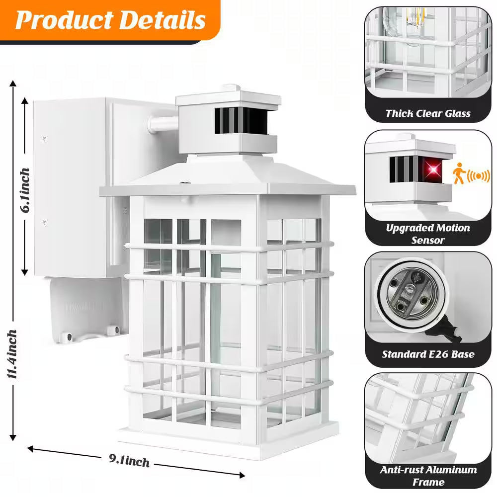 Outdoor Lantern Motion Sensor Porch Light with GFCI Outlets, 11.4'' Dusk to Dawn Outdoor Wall Light White