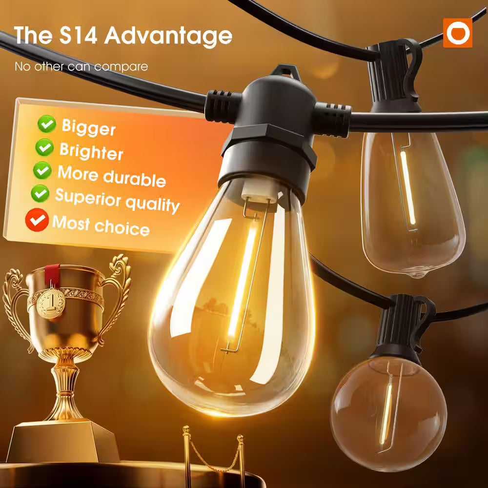 50FT Outdoor String Lights LED Edison Shatterproof Bulbs Weatherproof Commercial Grade Decorative for Patio Garden