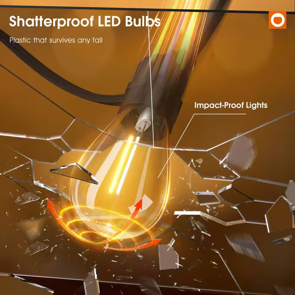 50FT Outdoor String Lights LED Edison Shatterproof Bulbs Weatherproof Commercial Grade Decorative for Patio Garden