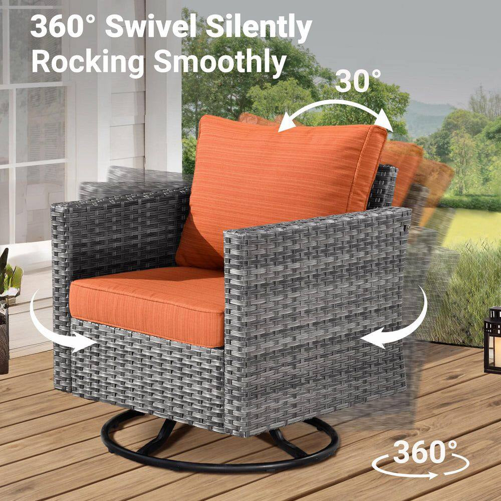 Megon Holly Gray 10-Piece Wicker Patio Conversation Seating Sofa Set with Orange Red Cushions and Swivel Rocking Chairs