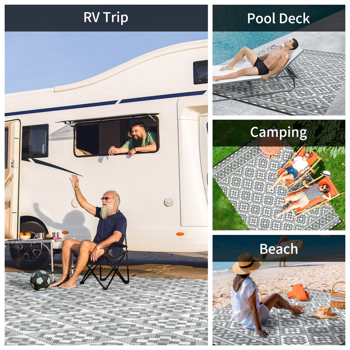 Outdoor Rug 9'X12' Waterproof Reversible Patio Rug Modern Lightweight Plastic Straw Indoor Outdoor Rug for RV Camping Deck Balcony Porch Boho Patio Decor Outdoor Carpet Light Gray