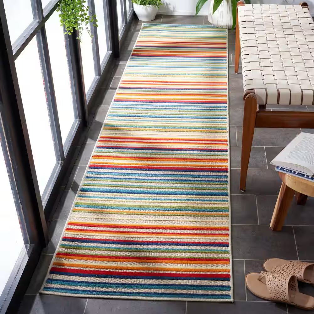 Cabana Ivory/Green 2 Ft. X 9 Ft. Striped Indoor/Outdoor Patio Runner Rug