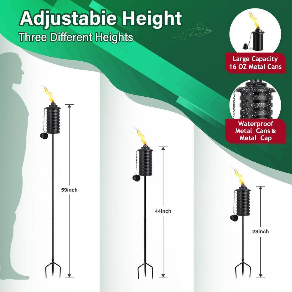 59 Inch Black Metal Outdoor Garden Torch Set Weather-Resistant Adjustable Height 3-Prong Stake 4-Pack