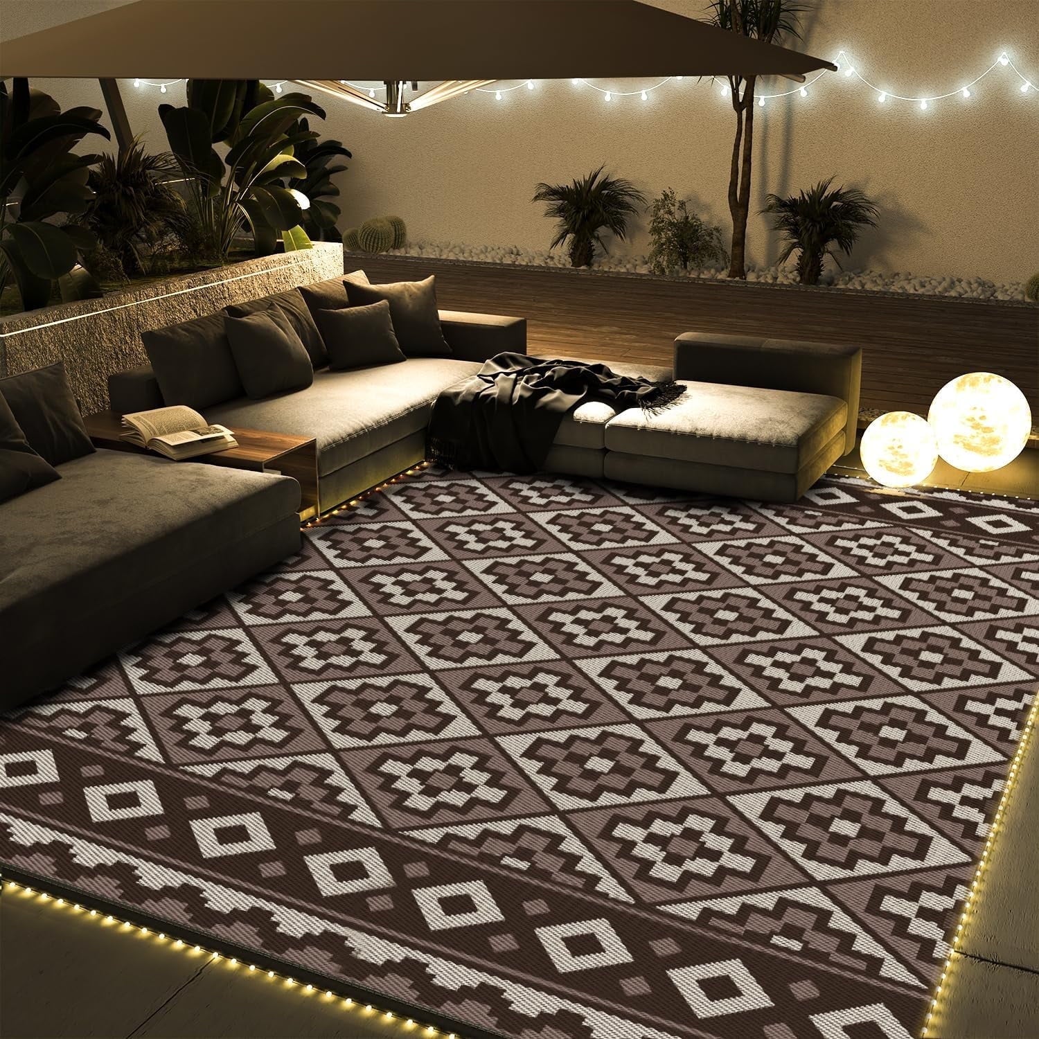 Outdoor Rug with LED Strip Light 8'X10' Waterproof Reversible Patio Rug Modern Lightweight Plastic Straw Indoor Outdoor Rug for RV Camping Deck Balcony Porch Boho Patio Decor Brown and Beige