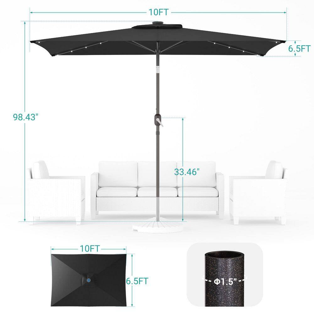 10 Ft. X 6.5 Ft. Rectangle Solar LED Outdoor Patio Market Table Umbrella with Push Button Tilt and Crank in Black