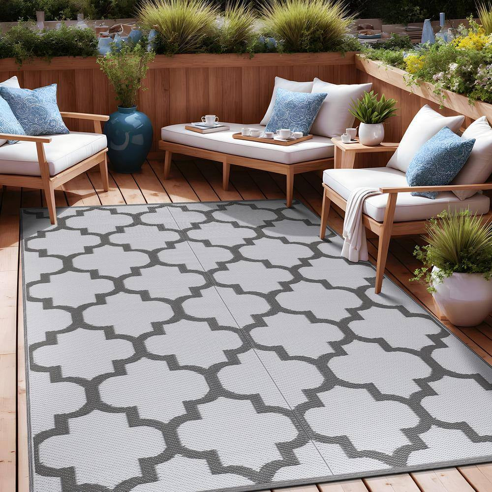 6 X 9 Grey White Lightweight Moroccan Trellis Reversible Plastic Indoor Outdoor Area Rug