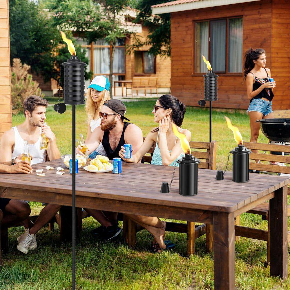 59 Inch Black Metal Outdoor Garden Torch Set Weather-Resistant Adjustable Height 3-Prong Stake 4-Pack