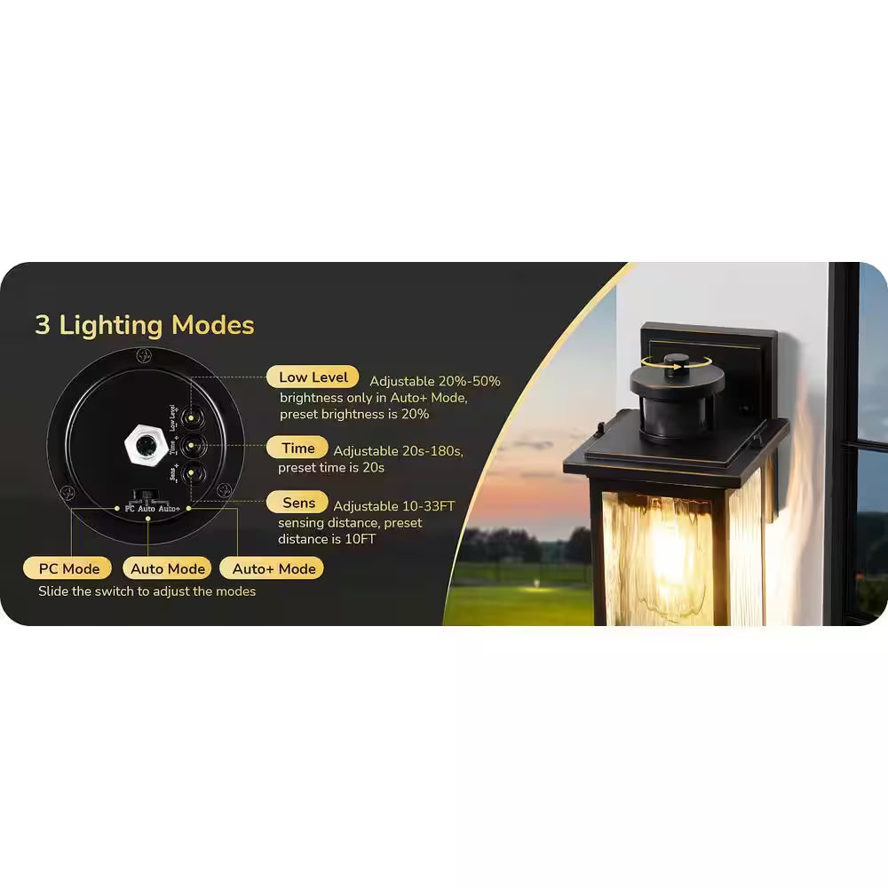 12 In. Black Dimmble Motion Sensing Dusk to Dawn Outdoor Hardwired Outdoor Wall Light Lantern Scone (2-Pack)