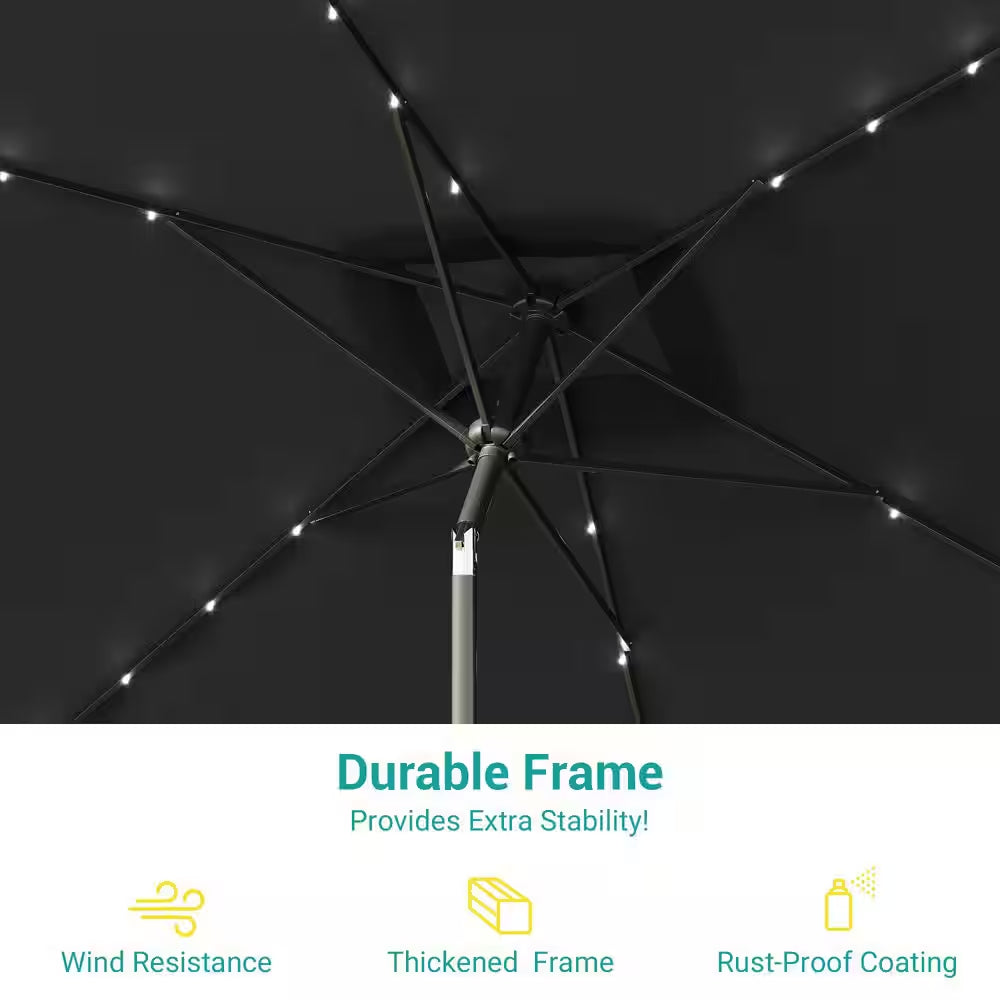 10 Ft. X 6.5 Ft. Rectangle Solar LED Outdoor Patio Market Table Umbrella with Push Button Tilt and Crank in Black