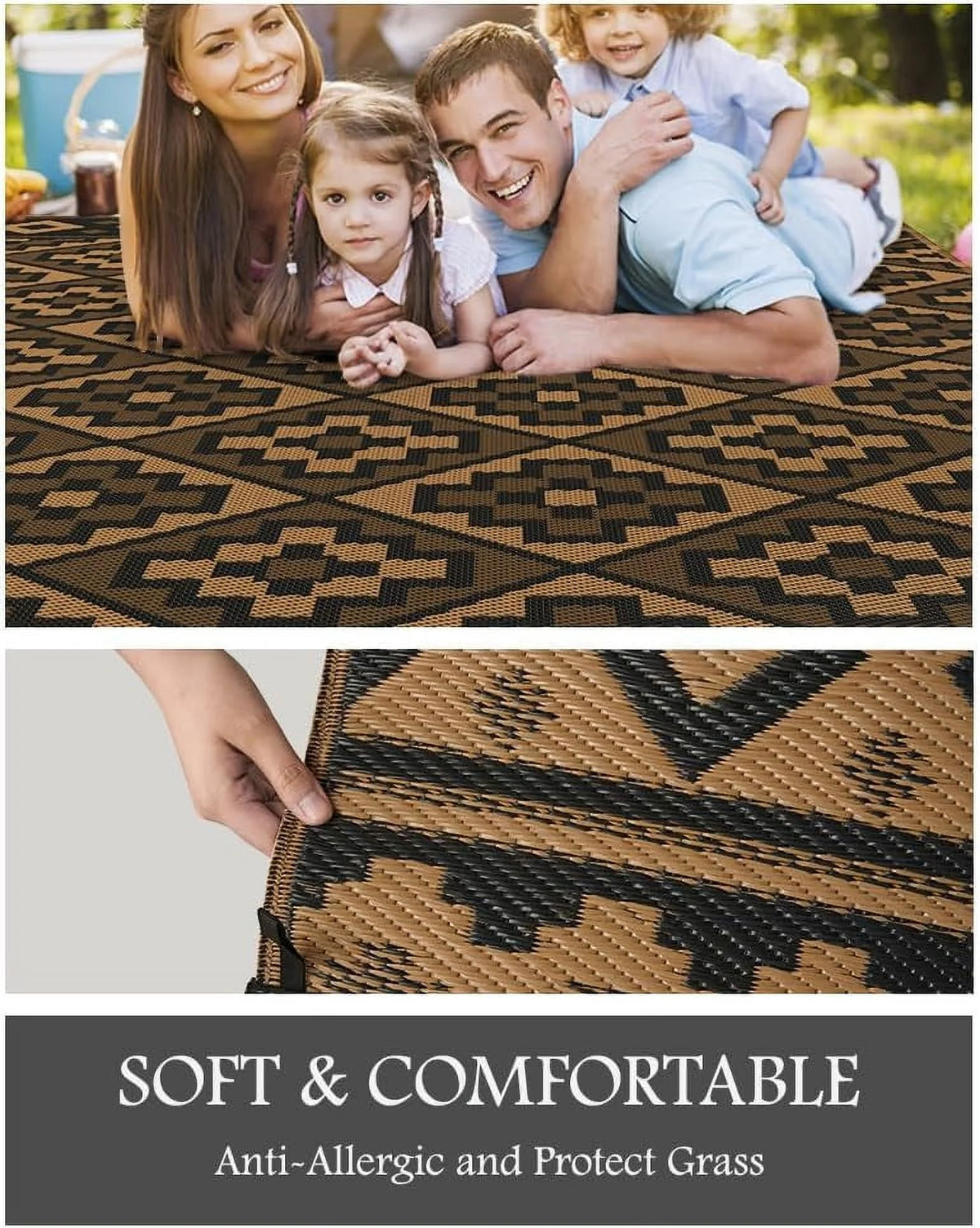 Outdoor Rug 8'X10' Waterproof Reversible Patio Rug Modern Lightweight Plastic Straw Indoor Outdoor Rug for RV Camping Deck Balcony Porch Boho Patio Decor Outdoor Carpet Black and Brown