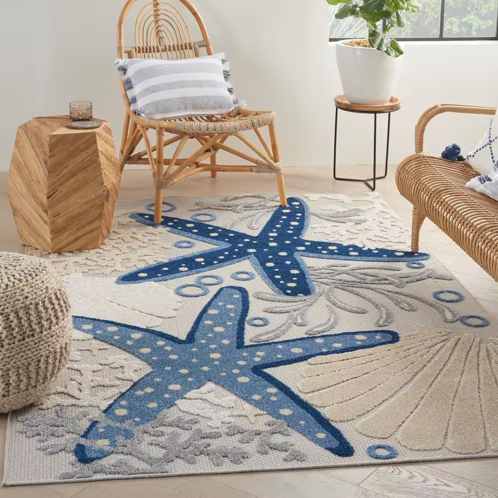 Aloha Blue/Gray 5 Ft. X 7 Ft. Floral Modern Indoor/Outdoor Patio Area Rug