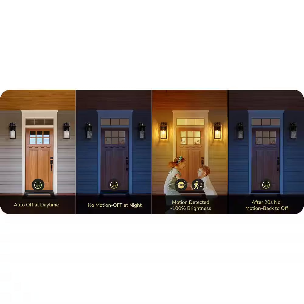 12 In. Black Dimmble Motion Sensing Dusk to Dawn Outdoor Hardwired Outdoor Wall Light Lantern Scone (2-Pack)