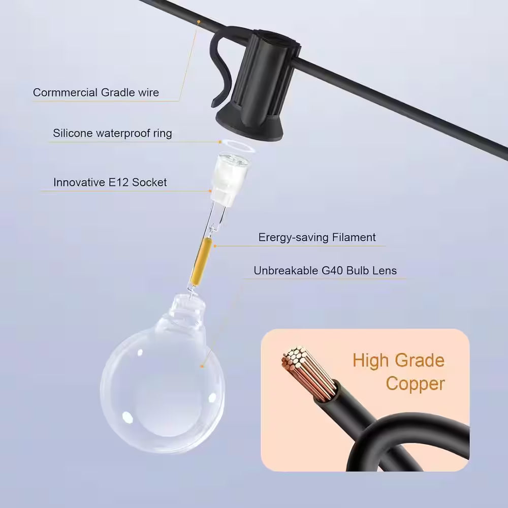 G40 26-Light 50 Ft. Indoor/Outdoor Plug-In LED Globe String-Light Shatterproof Waterproof for Porch Bistro Backyard