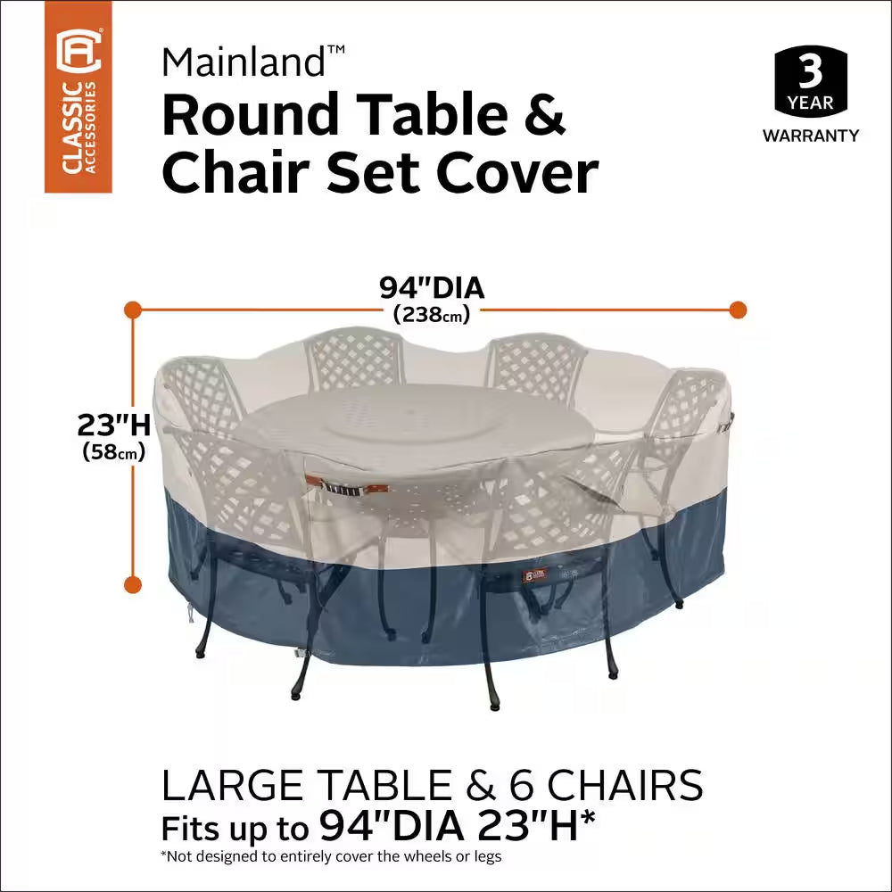 Mainland 94 In. L X 94 In. W X 23 In. H Fog/Navy round Patio Table and Chair Set Cover