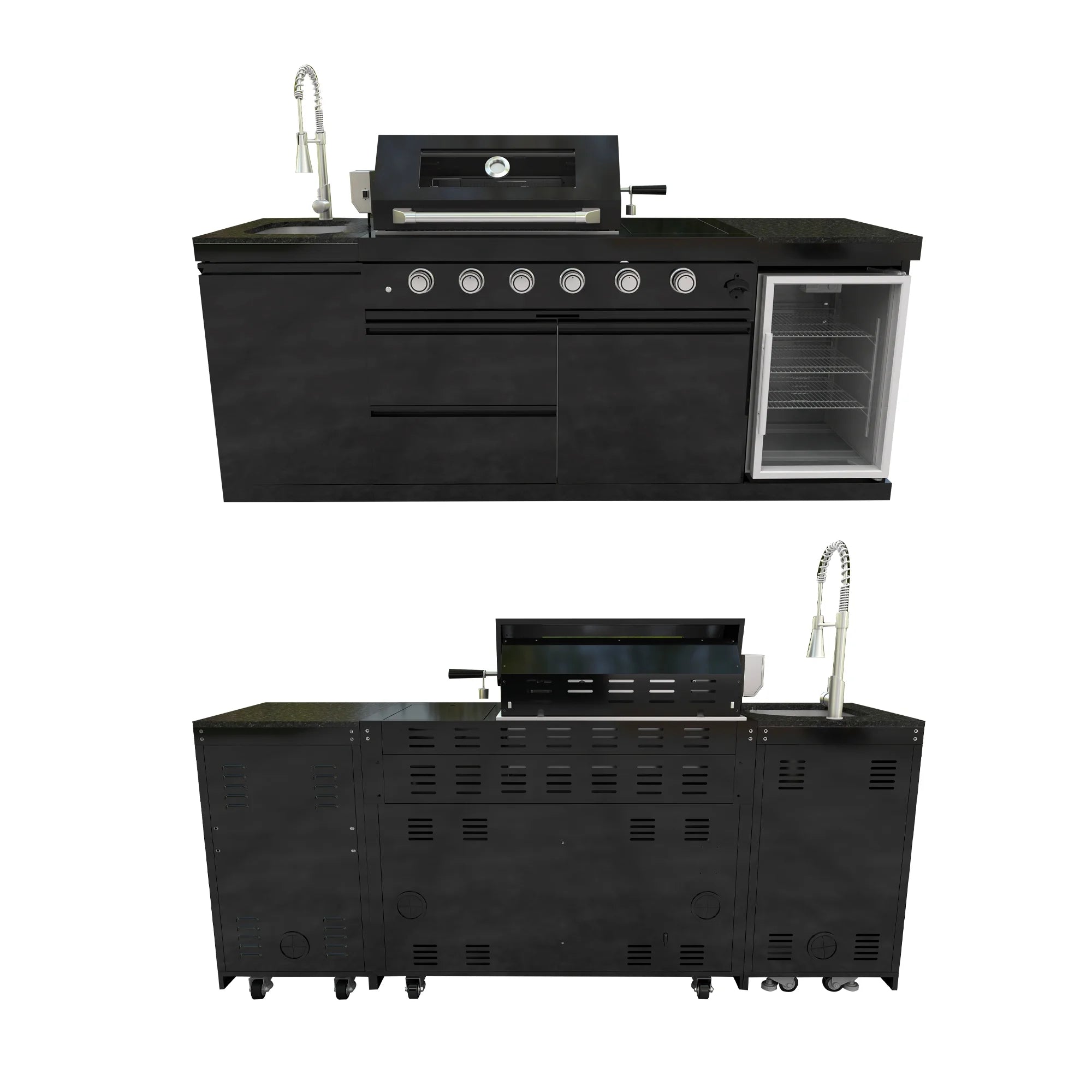 Outdoor Kitchen Island Black Stainless Steel with Sink & 46-Inch 4-Burner 72000 BTU Grill, Wine Cooler, Refrigerator, Rotisserie Kit & Granite Countertops