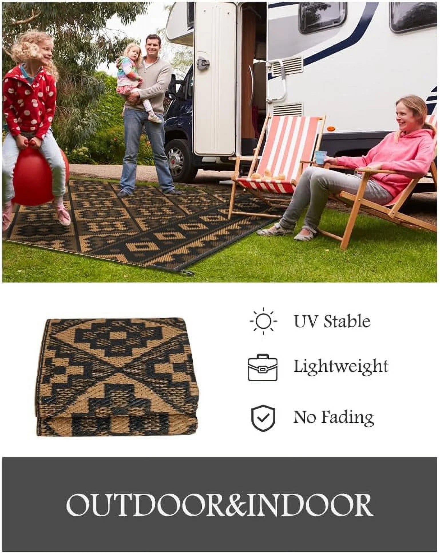Outdoor Rug 8'X10' Waterproof Reversible Patio Rug Modern Lightweight Plastic Straw Indoor Outdoor Rug for RV Camping Deck Balcony Porch Boho Patio Decor Outdoor Carpet Black and Brown