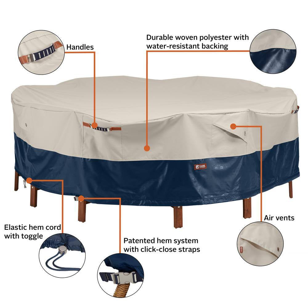 Mainland 94 In. L X 94 In. W X 23 In. H Fog/Navy round Patio Table and Chair Set Cover