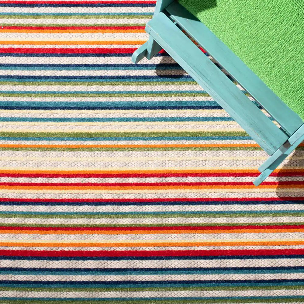 Cabana Ivory/Green 2 Ft. X 9 Ft. Striped Indoor/Outdoor Patio Runner Rug