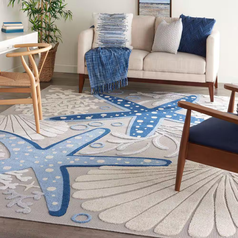 Aloha Blue/Gray 8 Ft. X 11 Ft. Floral Modern Indoor/Outdoor Patio Area Rug