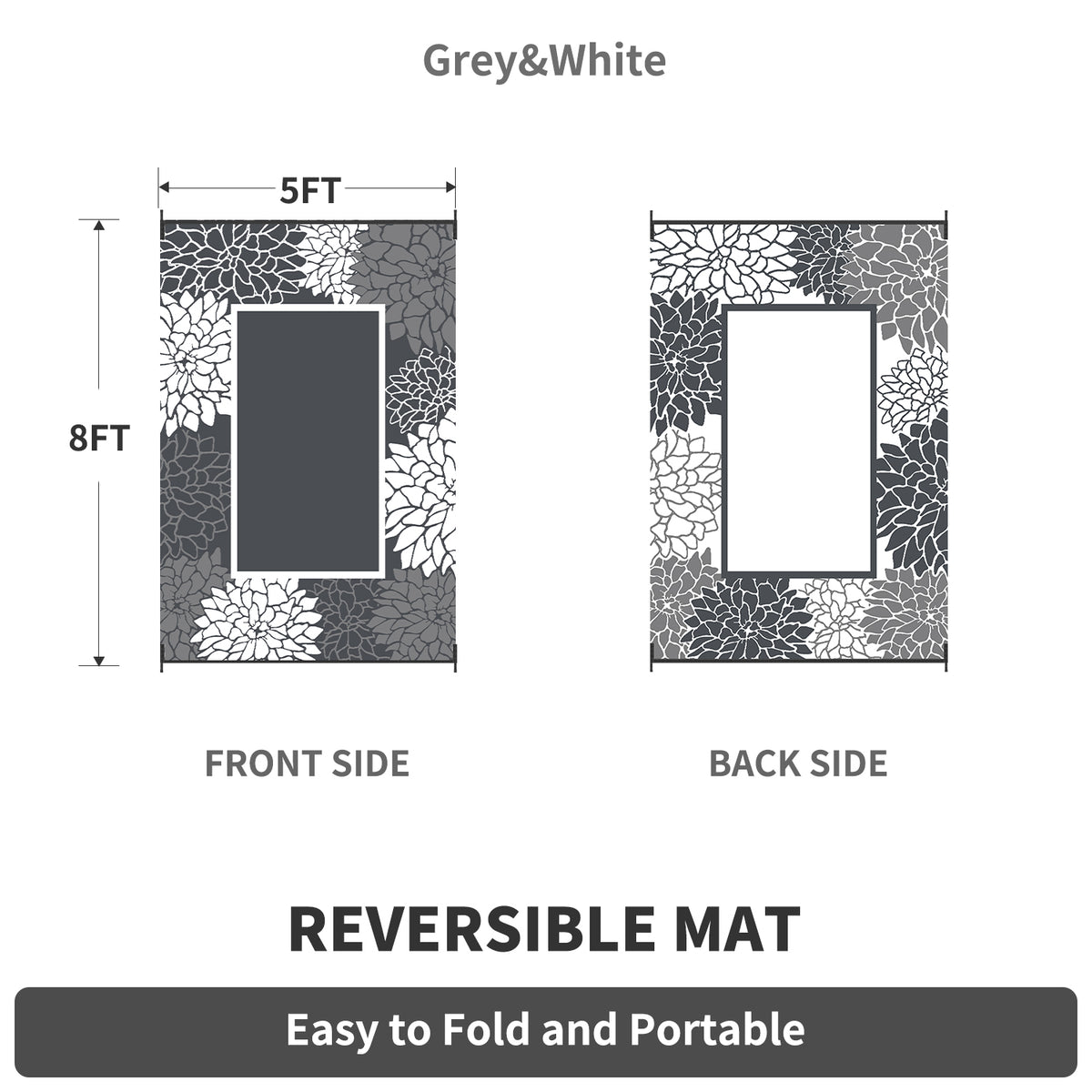 Outdoor Rug 5'X8' Waterproof Reversible Patio Rug Floral Border Plastic Straw Indoor Outdoor Rug for RV Camping Garden Picnic Beach Deck Backyard Porch Decor Dark Grey and White