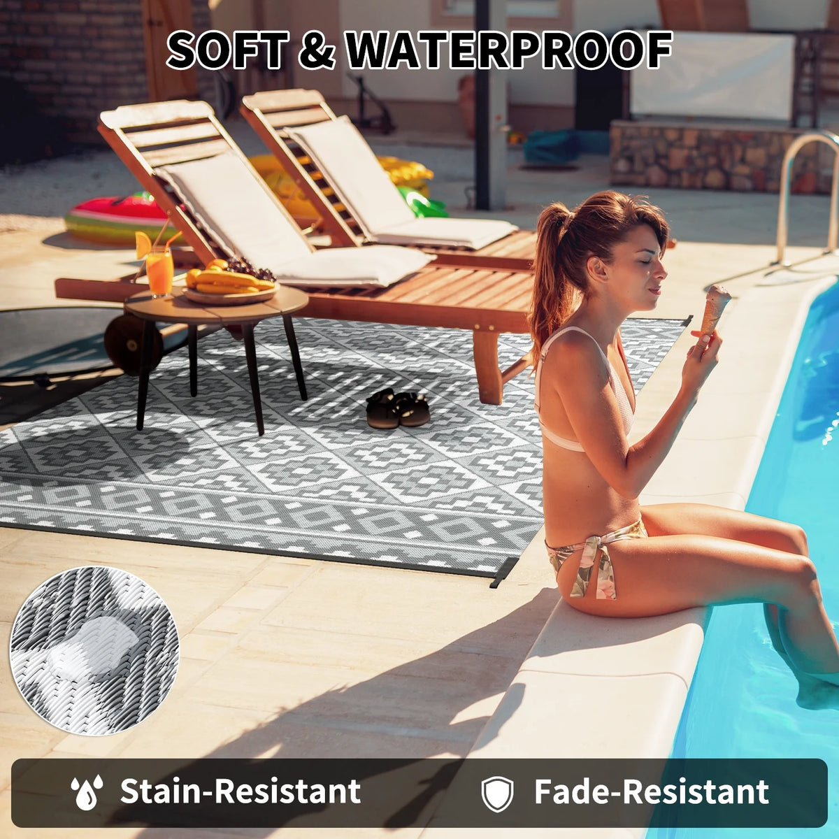 Outdoor Rug 9'X12' Waterproof Reversible Patio Rug Modern Lightweight Plastic Straw Indoor Outdoor Rug for RV Camping Deck Balcony Porch Boho Patio Decor Outdoor Carpet Light Gray