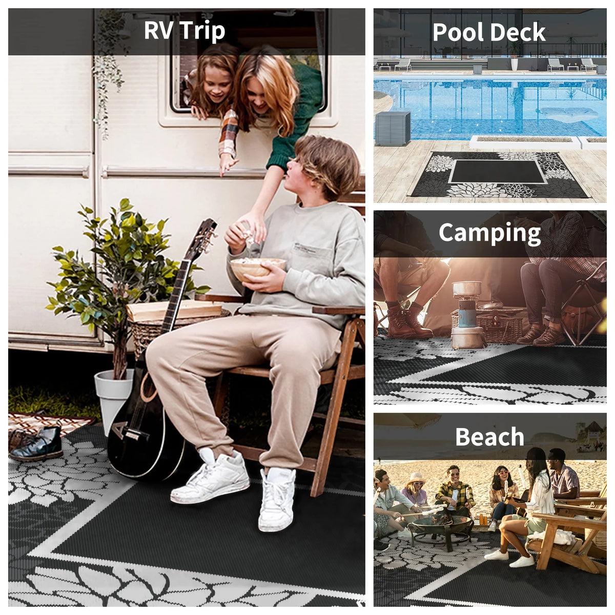 Outdoor Rug 5'X8' Waterproof Reversible Patio Rug Floral Border Plastic Straw Indoor Outdoor Rug for RV Camping Garden Picnic Beach Deck Backyard Porch Decor Dark Grey and White