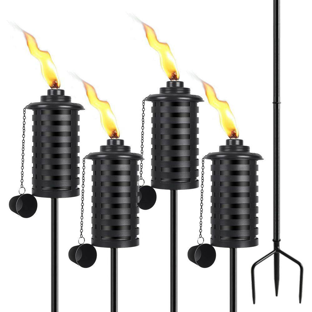 59 Inch Black Metal Outdoor Garden Torch Set Weather-Resistant Adjustable Height 3-Prong Stake 4-Pack