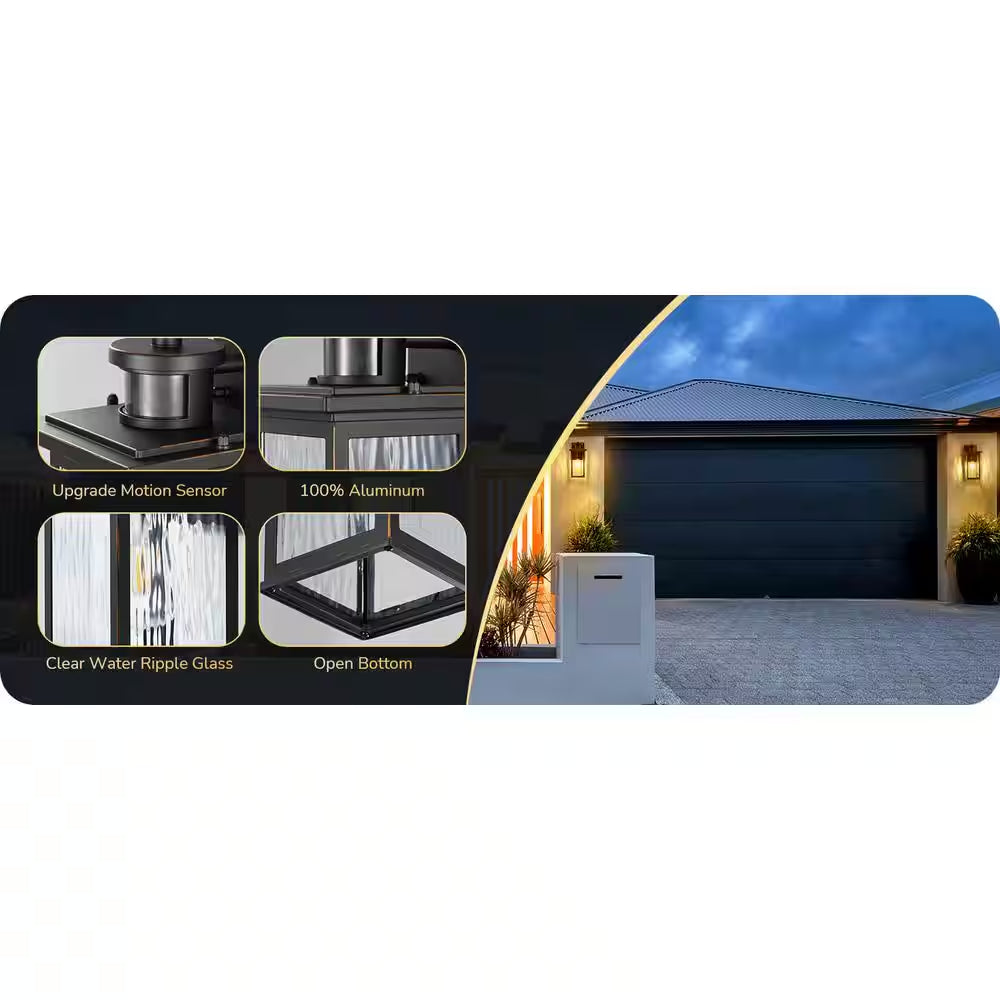 12 In. Black Dimmble Motion Sensing Dusk to Dawn Outdoor Hardwired Outdoor Wall Light Lantern Scone (2-Pack)