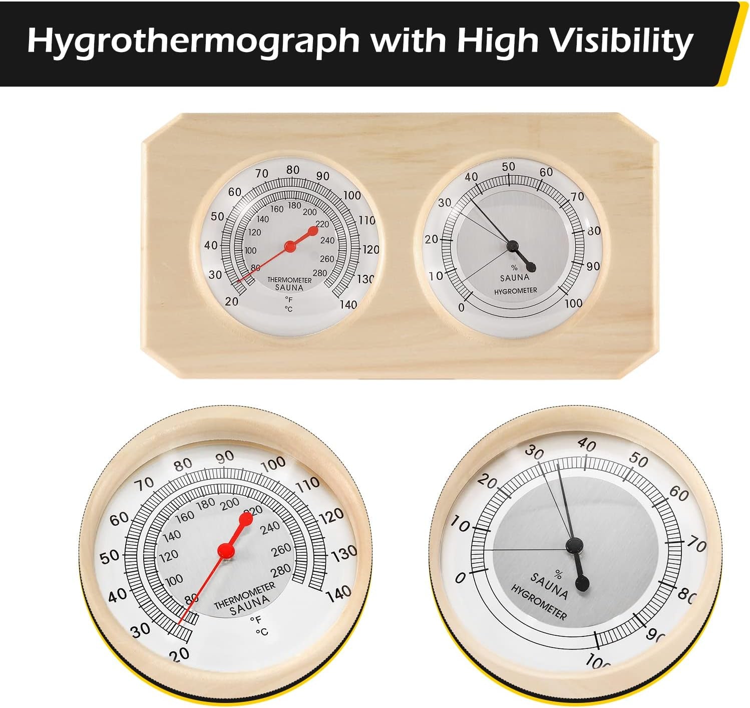 2 in 1 Sauna Wooden Sauna Hygrothermograph Indoor Fahrenheit Thermometer and Hygrometer for Hotel or Sauna Room
